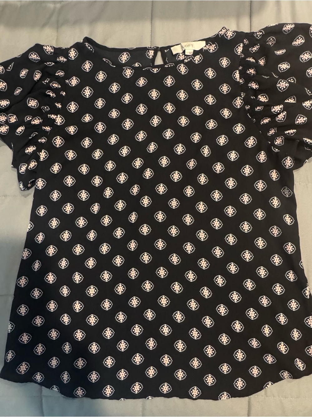 LOFT Black Blouse with White and Light Pink Medallion Print